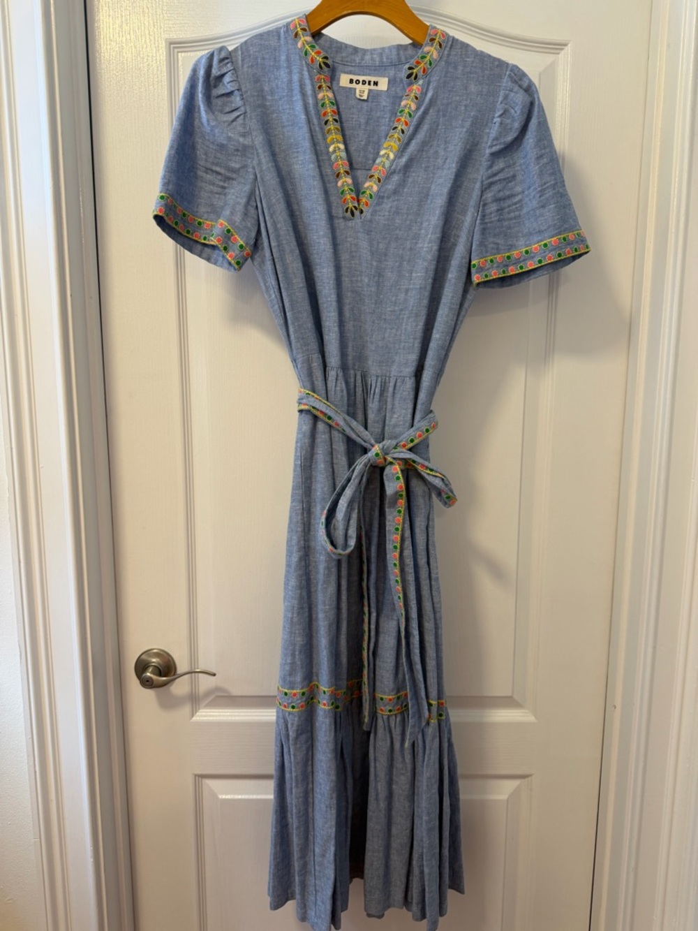 Boden Blue Embroidered V-Neck Maxi Dress